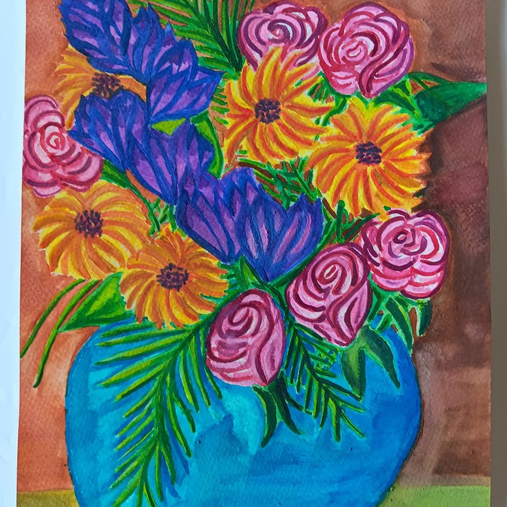Handmade Painting Of a Vase Of Flowers Watercolors and Ink 9x12 Paper Unframed